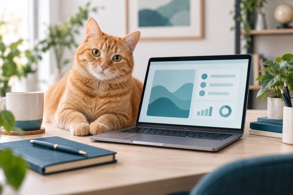 A ginger cat resting next to an open laptop